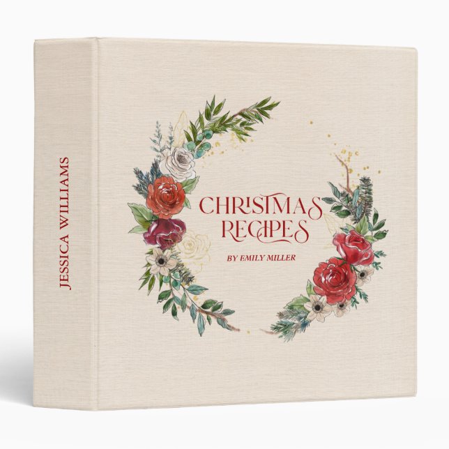 Beige linen texture Christmas Wreath Recipes  3 Ring Binder (Front/Spine)