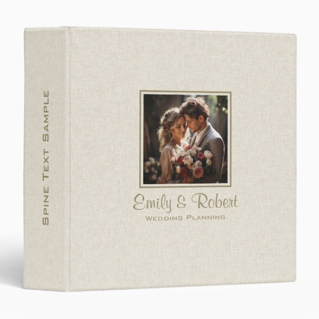 Beige Linen Texture Custom Wedding Photo 3 Ring Binder (Front/Spine)
