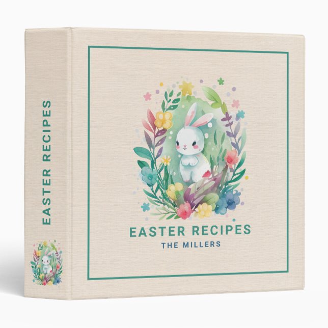 Beige linen texture Cute Easter Bunny 3 Ring Binder (Front/Spine)