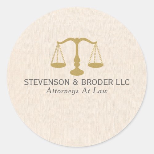 Beige Linen Texture  Gold Justice Scale Classic Round Sticker