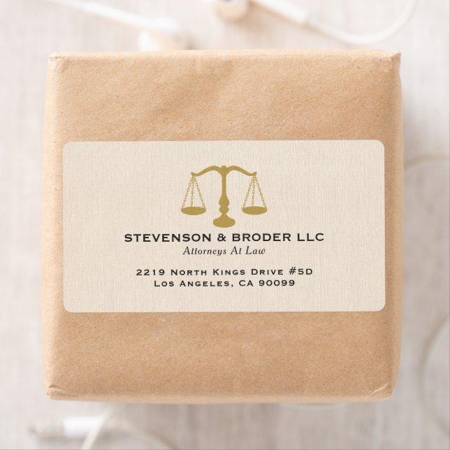 Beige Linen Texture & Gold Justice Scale Label (Insitu)