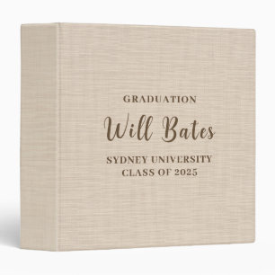 Beige Linen Texture Graduation Custom Name 3 Ring Binder