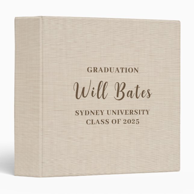 Beige Linen Texture Graduation Custom Name 3 Ring Binder (Front/Spine)
