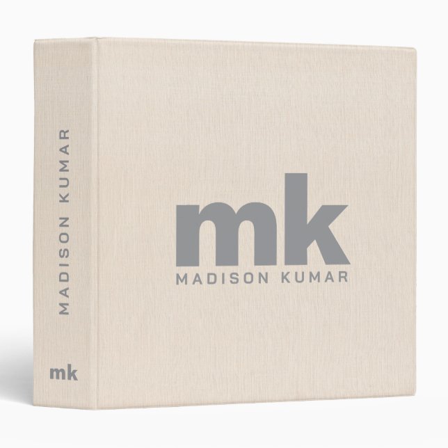 Beige Linen Texture Gray Monogram 3 Ring Binder (Front/Spine)