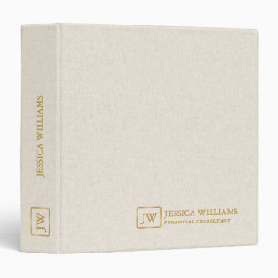 Beige Linen Texture Personalized Gold Typography 3 Ring Binder
