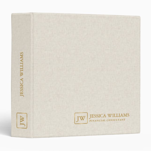 Beige Linen Texture Personalized Gold Typography 3 Ring Binder (Front/Spine)