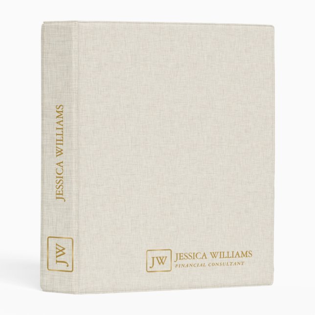 Beige Linen Texture Personalized Gold Typography Mini Binder (Front/Spine)