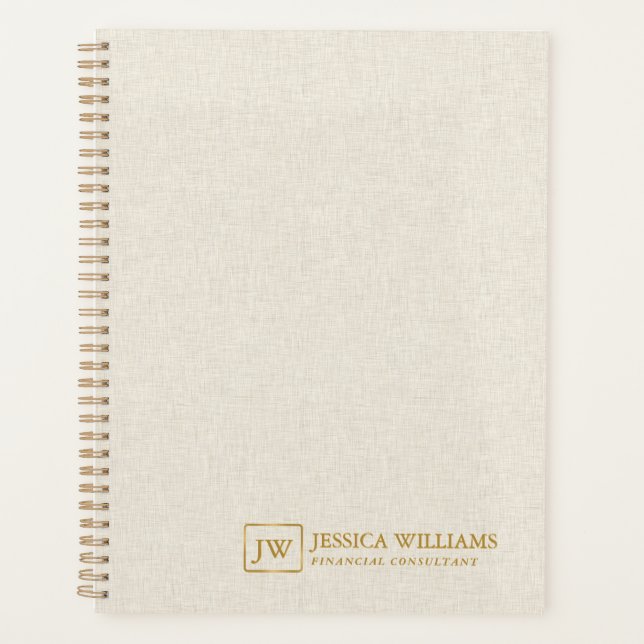 Beige Linen Texture Personalized Gold Typography Planner (Front)
