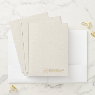 Beige Linen Texture Personalized Gold Typography Pocket Folder
