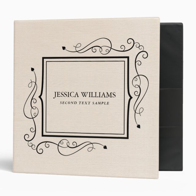 Beige linen texture simple black frame 3 ring binder (Front/Inside)