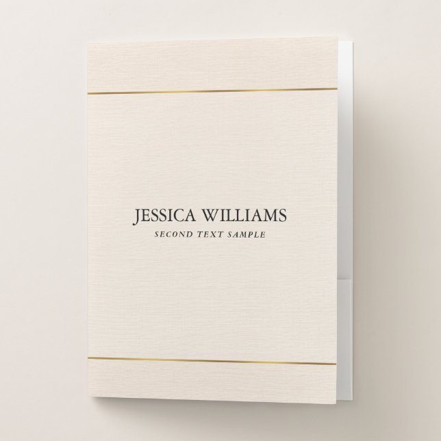 Beige linen texture simple gold frame pocket folder (Front)