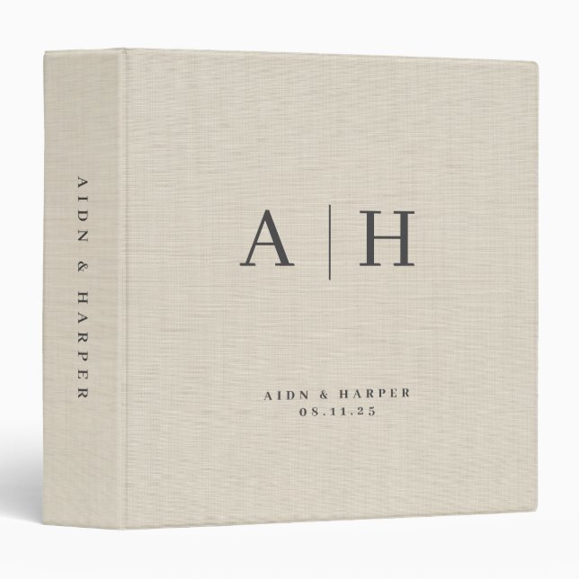 Beige Linen Texture Wedding Note Custom Monogram 3 Ring Binder (Front/Spine)