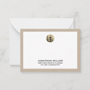 Beige Linen Trimmed Note Card with Gold Logo