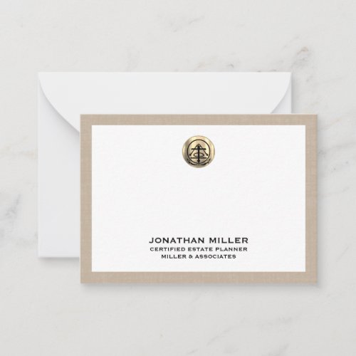 Beige Linen Trimmed Note Card with Gold Logo