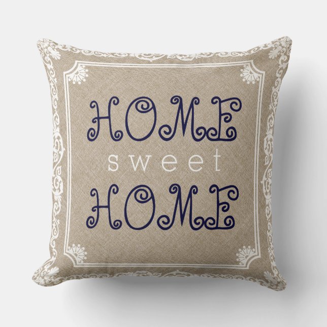 Beige Linen White Frame Home Sweet Home Throw Pillow (Front)