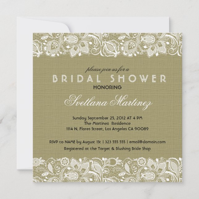 Beige Linen & White Lace Bridal Shower Invite (Front)