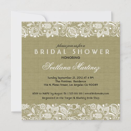Beige Linen &amp; White Lace Bridal Shower Invite