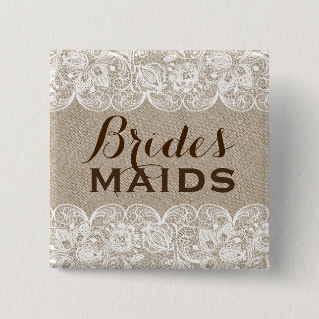 Beige Linen & White Lace Bridesmaids Button 2 (Front)
