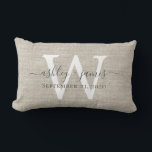 Beige Linen White Monogram Wedding Keepsake Lumbar Pillow<br><div class="desc">Elegant wedding keepsake beige woven linen effect pillow with your text in dark gray chic handwritten script calligraphy. Simply add your names, monogram and wedding date. Great gift for a newlywed couple. Exclusively designed for you by Happy Dolphin Studio. If you need any help or matching products, please contact us...</div>