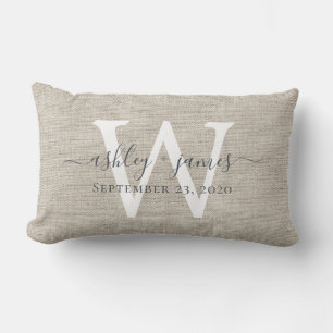 Beige Linen White Monogram Wedding Keepsake Lumbar Pillow