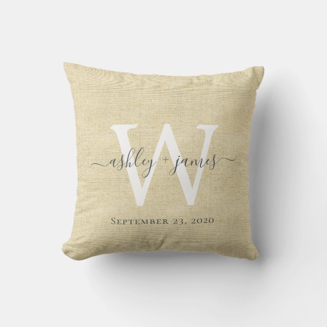 Beige Linen White Monogram Wedding Keepsake Throw Pillow (Front)