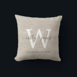 Beige Linen White Monogram Wedding Keepsake Throw Pillow<br><div class="desc">Elegant wedding keepsake beige woven linen effect pillow with your text in dark gray chic handwritten script calligraphy. Simply add your names, monogram and wedding date. Great gift for a newlywed couple. Exclusively designed for you by Happy Dolphin Studio. If you need any help or matching products, please contact us...</div>