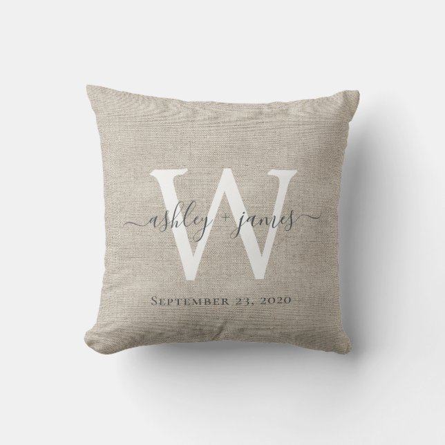 Beige Linen White Monogram Wedding Keepsake Throw Pillow (Front)