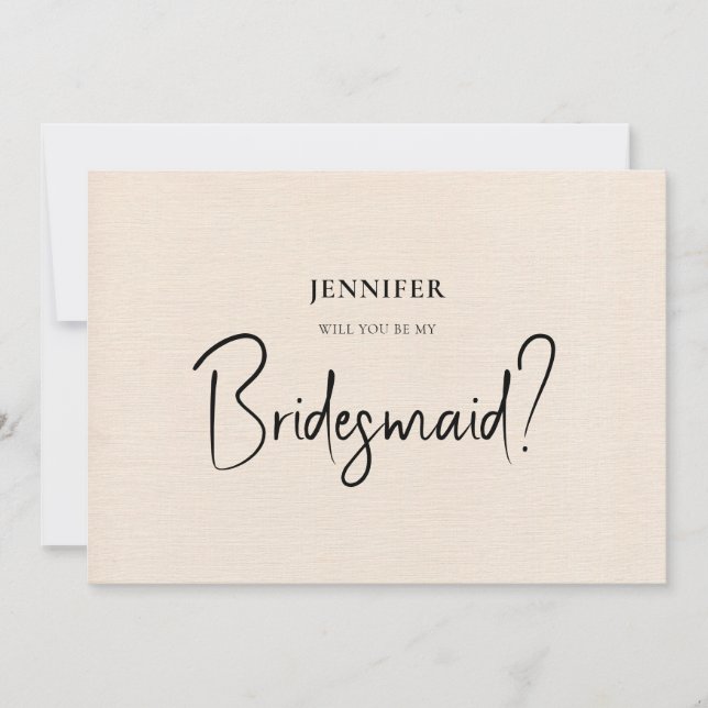 Beige Linen White Script Will You Be My Bridesmaid Invitation (Front)