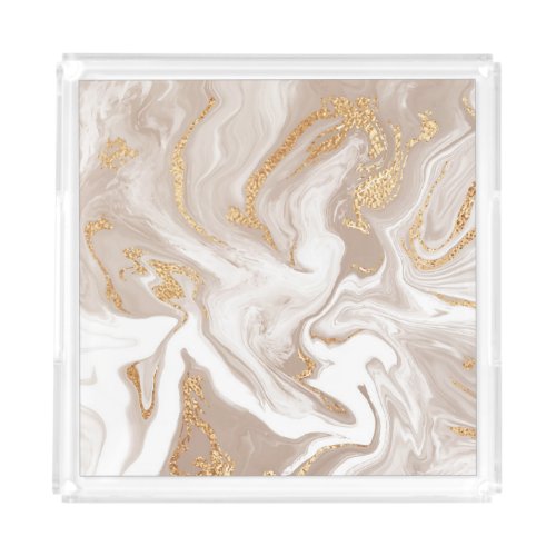 Beige liquid marble gold line art acrylic tray