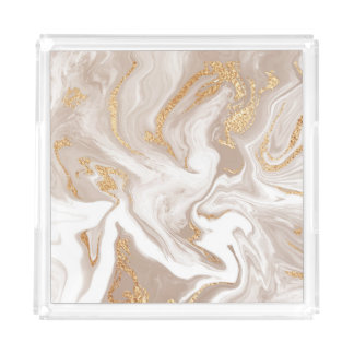 Beige liquid marble, gold line art. acrylic tray