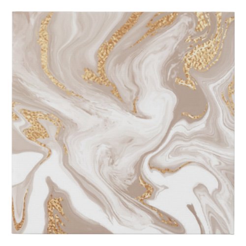 Beige liquid marble gold line art faux canvas print