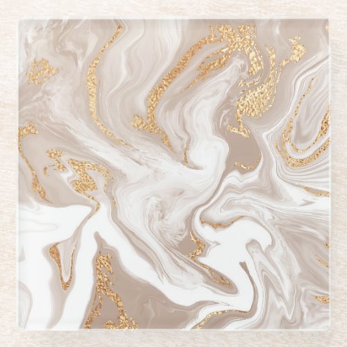 Beige liquid marble gold line art glass coaster