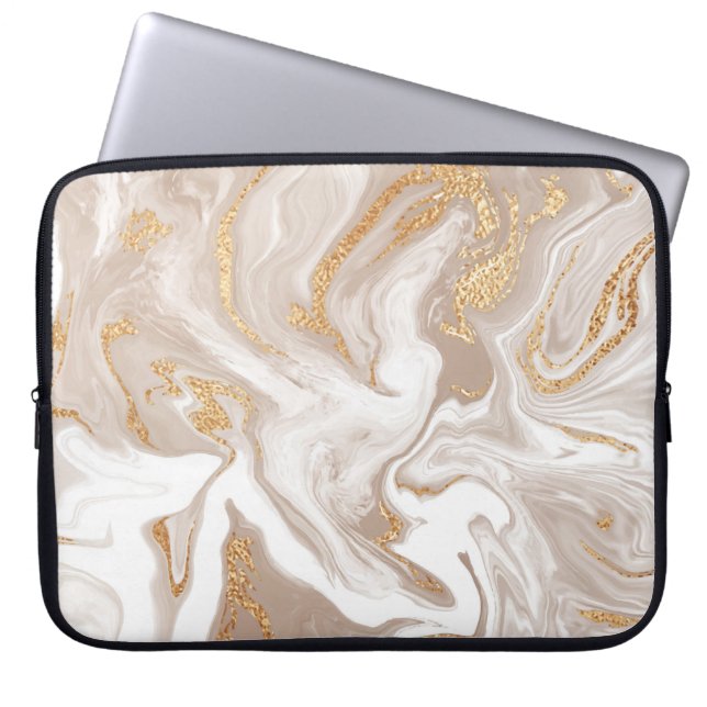 Beige liquid marble, gold line art. laptop sleeve (Front)