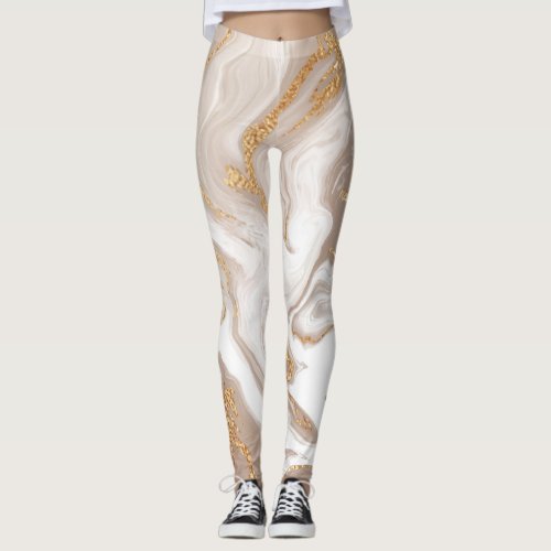 Beige liquid marble gold line art leggings