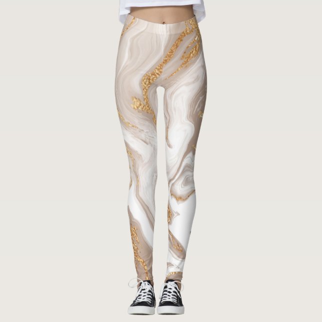 Beige liquid marble, gold line art. leggings (Front)