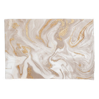 Beige liquid marble, gold line art. pillow case