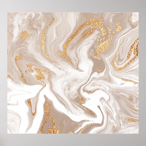 Beige liquid marble gold line art poster