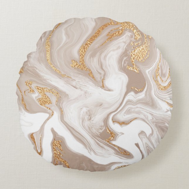 Beige liquid marble, gold line art. round pillow (Front)