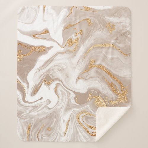 Beige liquid marble gold line art sherpa blanket