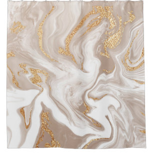 Beige liquid marble, gold line art. shower curtain