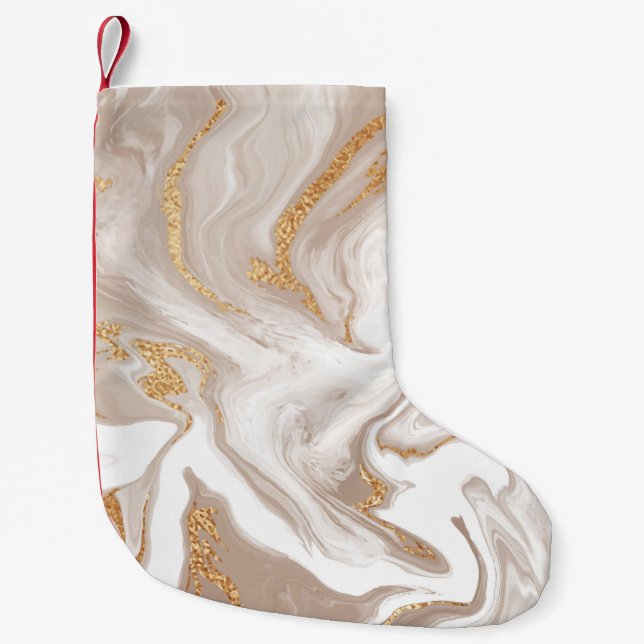 Beige liquid marble, gold line art. small christmas stocking (Front)