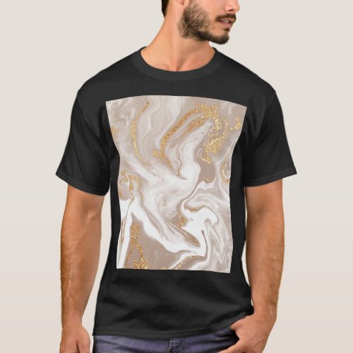 Beige liquid marble gold line art T_Shirt
