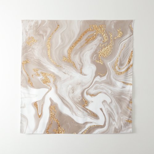 Beige liquid marble gold line art tapestry