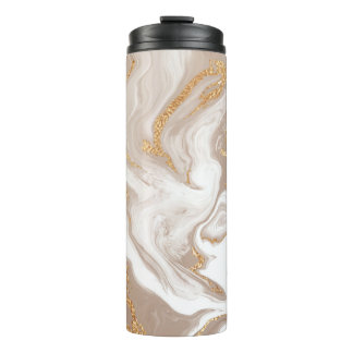 Beige liquid marble, gold line art. thermal tumbler