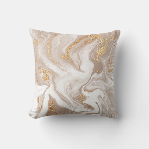 Beige liquid marble gold line art throw pillow