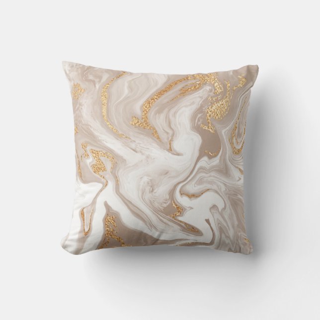 Beige liquid marble, gold line art. throw pillow (Front)
