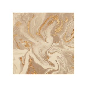 Beige liquid marble, gold line art. wood wall art