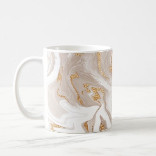 Beige liquid marble with glitter gold coffee mug
