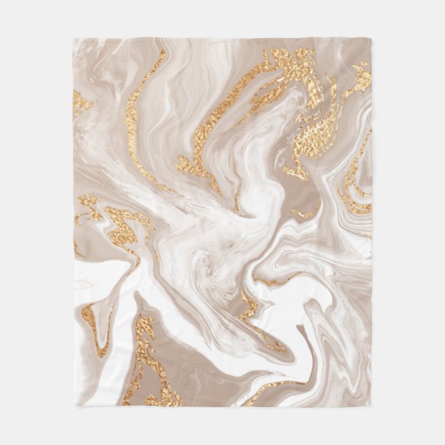 Beige liquid marble with glitter gold fleece blanket (Front)