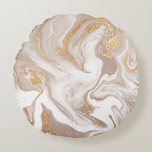 Beige liquid marble with glitter gold round pillow